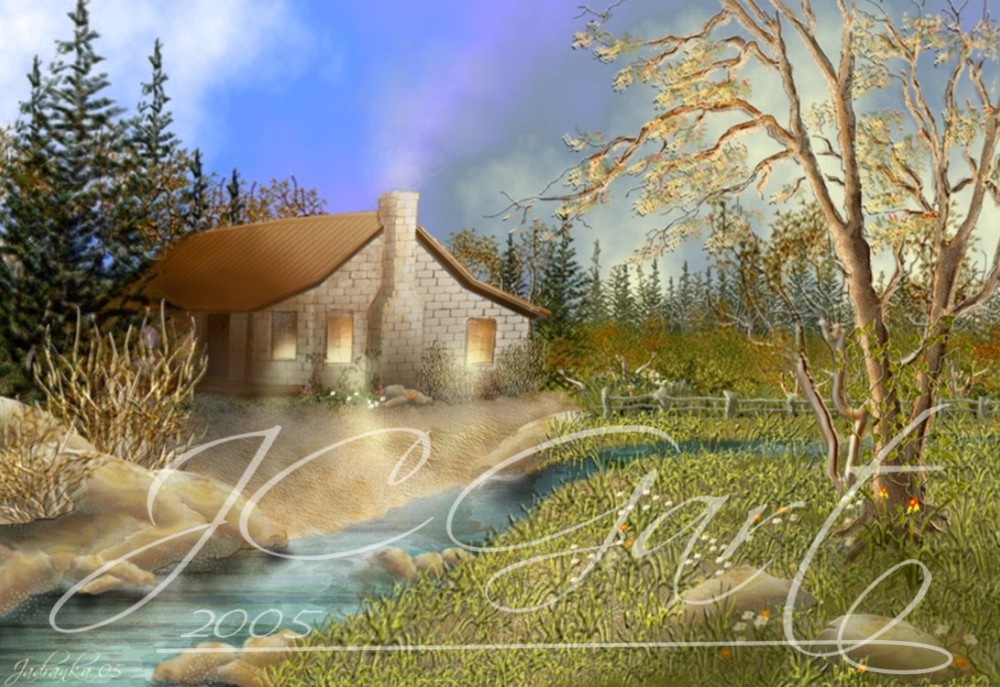 Contemporary fine art digital paintings: Little house in the prairie, digital painting north america, digital painting north america realized in fine art digital painting - prairie - creek - landscape - retreat